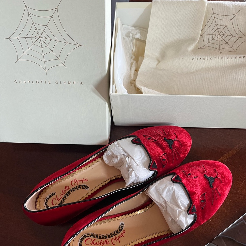 Charlotte Olympia Red Plush Flats Loafers